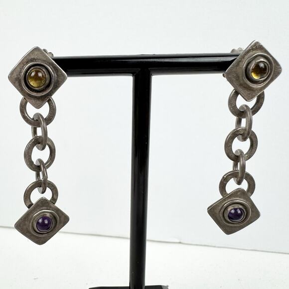 Vintage SCB Earrings 925 Sterling Silver Real Amethyst Purple Yellow Stone Chain - Picture 13 of 13